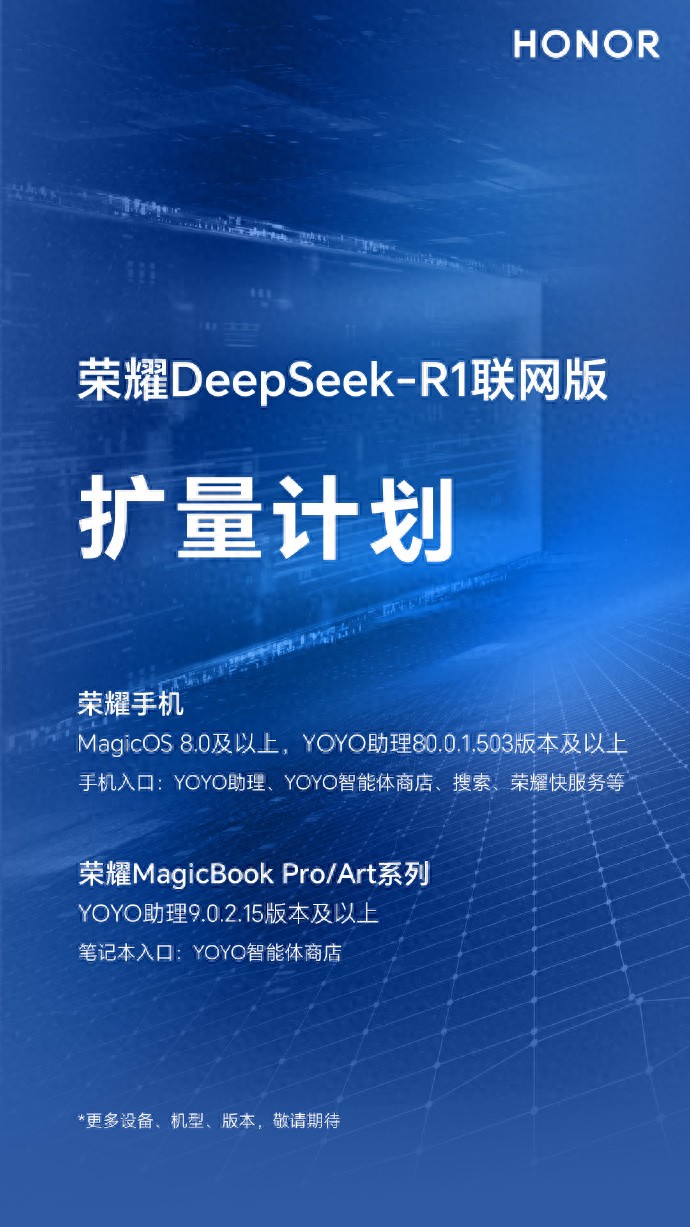 榮耀手機:DeepSeek-R1聯網版將覆蓋MagicOS 8.0及以上機型